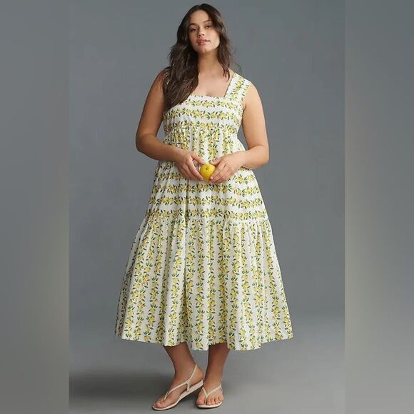 NEW ANTHROPOLOGIE  Helena Smocked Midi Dress - Yellow Floral - Picture 3 of 11